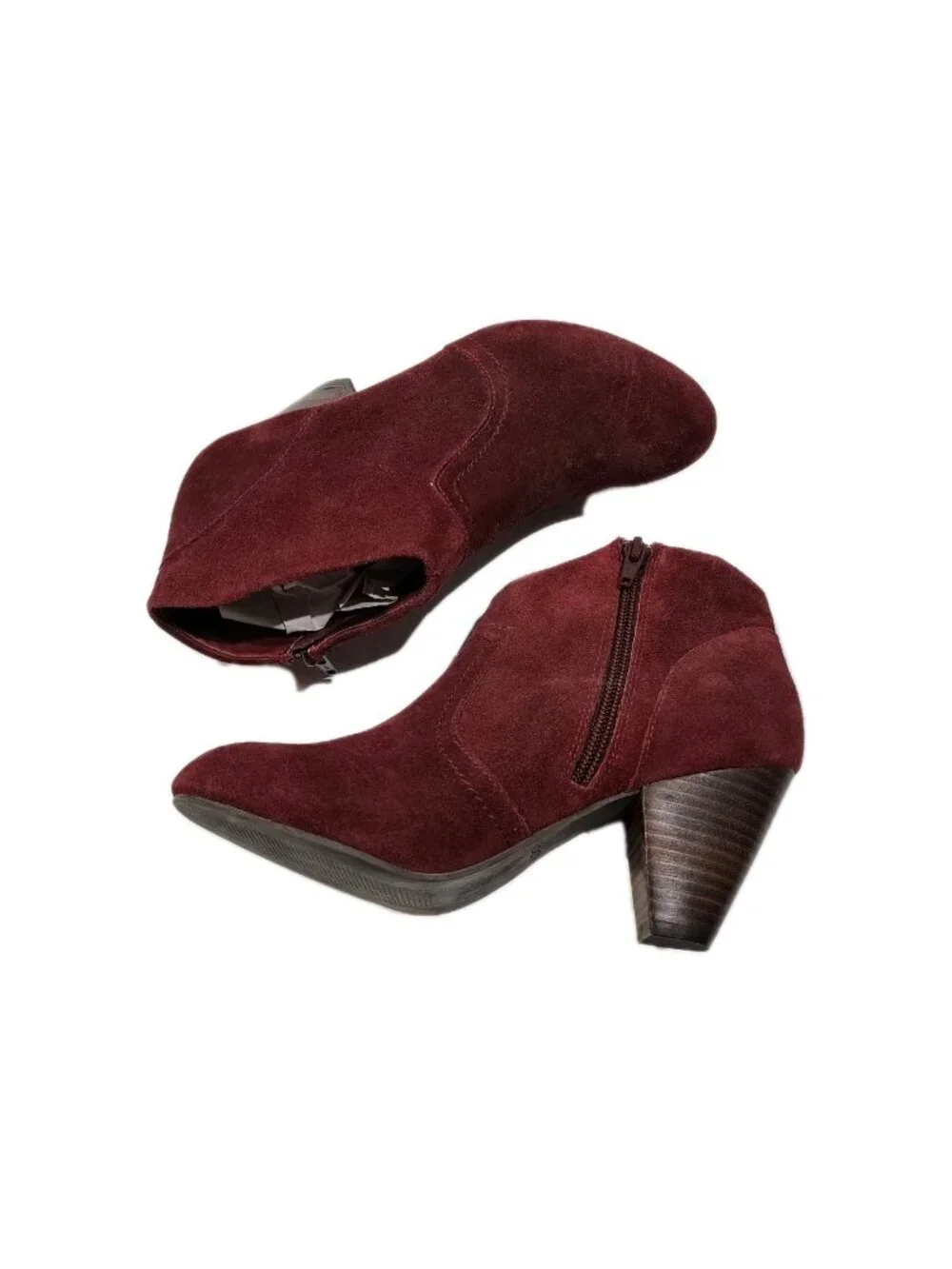 Ankle Booties Aldo Burgandy Zip Up Triangle  Heel Size 7.5 Boots Short Suede